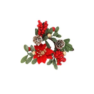 Rond de serviette Noël Enchanté rouge, vert et or avec poinsettia et pommes de pin | jourdefete.com