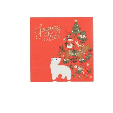 Serviettes de Noël enfantines Joyeux Noël rouge et or avec ours polaire et lutin | jourdefete.com