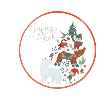 Assiettes blanches Joyeux Noël avec ours polaire, renne et lutins de Noël | jourdefete.com