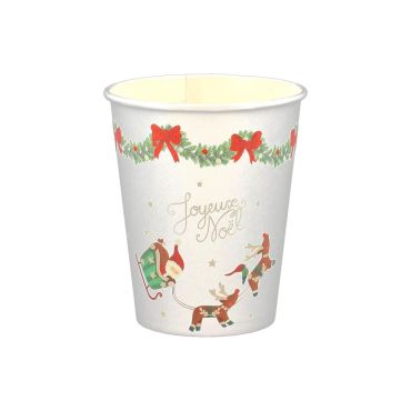 Gobelets de Noël enfantins Joyeux Noël 255 ml en carton blanc décorés Père Noël et rennes | jourdefete.com