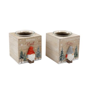 Bougeoir Gnome de Noël en bois avec décor hivernal et inscription “Joyeux Noël” ou “Joyeuses Fêtes” | jourdefete.com