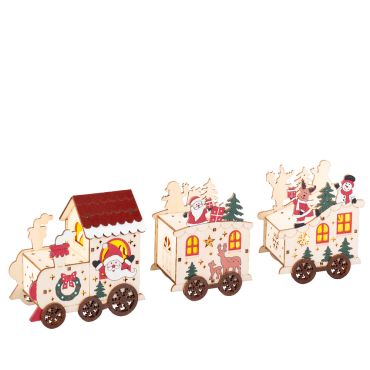 Train de Noël lumineux en bois avec Père Noël et personnages festifs | jourdefete.com