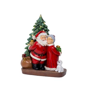 Figurine Père Noël et Mère Noël devant un sapin illuminé LED | jourdefete.com