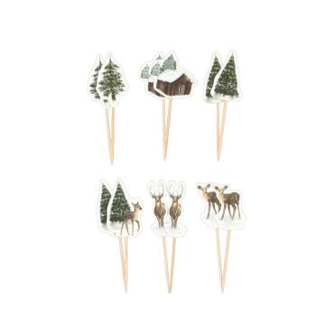 Pics décoratifs Noël givré avec sapins enneigés, chalet et rennes | jourdefete.com