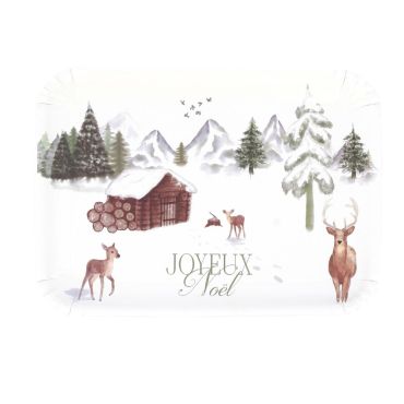Plateaux de Noël motif chalet enneigé et cerfs, ambiance hiver féerique | jourdefete.com
