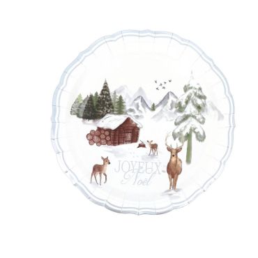Assiettes en carton Joyeux Noël Neige Éternelle décor chalet, forêt et cerfs | jourdefete.com