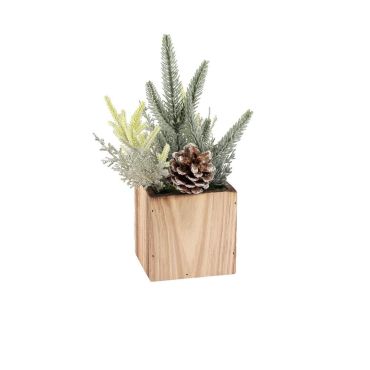 Composition neige glaciale avec pot en bois – branches givrées et cône de pin décoratif | jourdefete.com