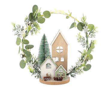 Village de Noël décoratif en bois vert et blanc avec sapin et couronne végétale | jourdefete.com