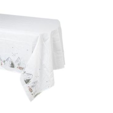 Nappe de Noël en tissu Neige Éternelle avec sapins et montagnes enneigées | jourdefete.com