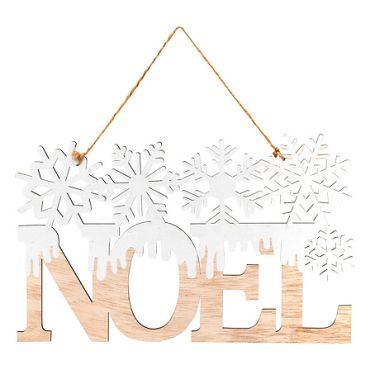 Suspension décorative mot NOËL en bois avec flocons blancs et corde de suspension | jourdefete.com