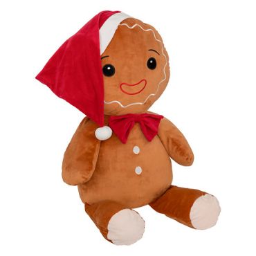 Peluche géante Pain d’Épice avec bonnet rouge et sourire festif | jourdefete.com