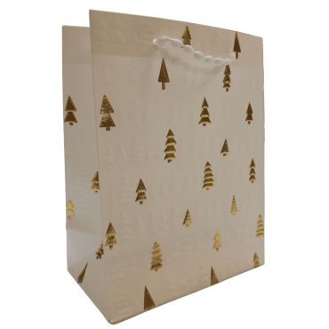 Sac cadeau blanc avec motifs sapins dorés pour Noël | jourdefete.com