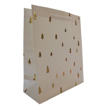 Sac cadeau blanc décoré de sapins dorés pour Noël | jourdefete.com