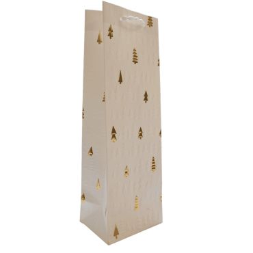 Sac cadeau bouteille blanc décoré de sapins dorés pour Noël | jourdefete.com