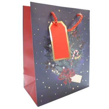 Sac cadeau de Noël motif canne à sucre sur fond bleu nuit étoilé | jourdefete.com