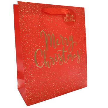 Sac cadeau rouge Merry Christmas chic avec étoiles dorées 26x32x12 cm | jourdefete.com