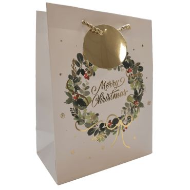 Sac cadeau de Noël couronne traditionnelle avec inscription Merry Christmas | jourdefete.com