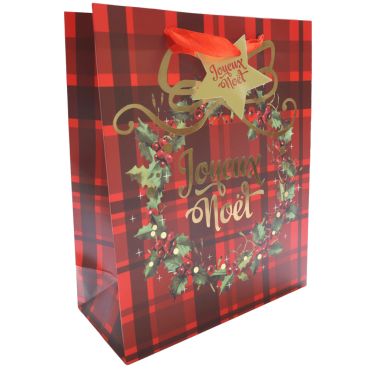 Sac cadeau de Noël motif carreaux rouges et couronne festive avec inscription "Joyeux Noël" | jourdefete.com