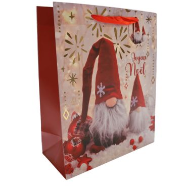 Sac cadeau de Noël Joyeux Noël avec gnomes et décor doré scintillant | jourdefete.com