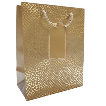 Sac cadeau Noël doré 18 x 23 x 10 cm avec anses torsadées et étiquette assortie | jourdefete.com