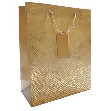 Sac cadeau Noël doré 26 x 32 x 12 cm avec motif brillant et étiquette assortie | jourdefete.com