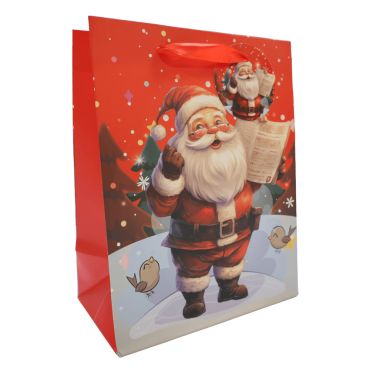 Sac cadeau Noël Père Noël rouge 18x23x10 cm avec décor festif | jourdefete.com