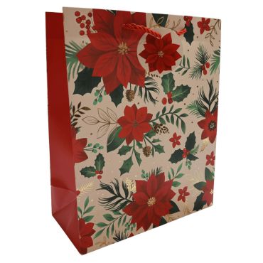 Sac cadeau de Noël Poinsettia avec motifs floraux et houx | jourdefete.com