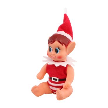 Lutin farceur de Noël bébé fille Elfie 16 cm, figurine assise rouge avec bonnet, col flocon et tenue rayée | jourdefete.com