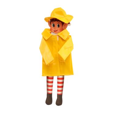 Lutin farceur de Noël en imperméable et chapeau jaune, prêt pour la pluie | jourdefete.com