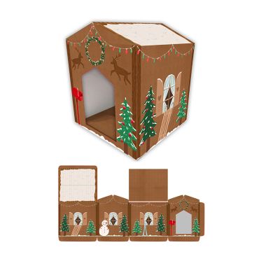 Maison de Noël en carton motif chalet avec sapins et décor hivernal | jourdefete.com