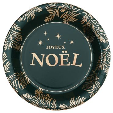 Assiettes de Noël vert sapin et doré avec inscription Joyeux Noël | jourdefete.com
