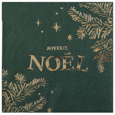 Serviettes de Noël vert sapin et doré avec inscription Joyeux Noël | jourdefete.com