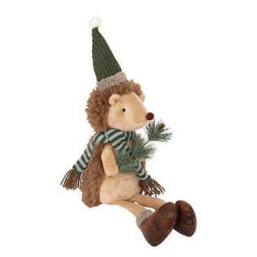 Hérisson de Noël assis avec bonnet vert et branche de pin | jourdefete.com