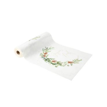 Chemin de table Joyeux Noël Forêt Enchantée Velours Blanc et Or 28cm x 3m