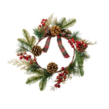 couronne de Noel avec sapin nœuds ecossais et paillettes dorees