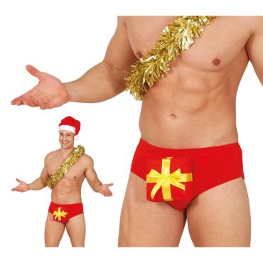 Homme portant un caleçon rouge humoristique orné d’un paquet cadeau jaune pour Noël | jourdefete.com