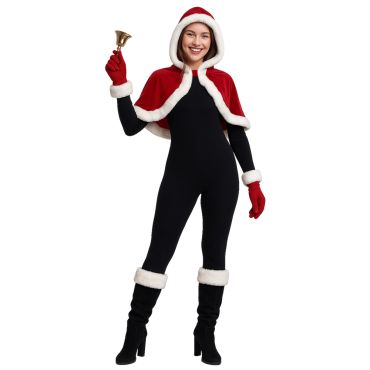 Femme portant une capeline de Noël rouge et blanche avec capuche, déguisement festif élégant | jourdefete.com