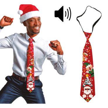Cravate de Noël rouge musicale avec motifs Père Noël et lutins | jourdefete.com