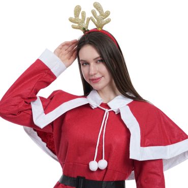 Serre-tête Bois de Renne dorés pailletés porté sur tenue de Noël rouge et blanche | jourdefete.com
