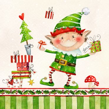 Serviette de Noël avec lutin Alfred the Elf, cadeaux et décor festif | jourdefete.com