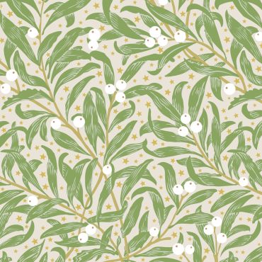 Serviettes de Noël crème avec feuilles vertes et baies blanches, décorées d’étoiles dorées | jourdefete.com