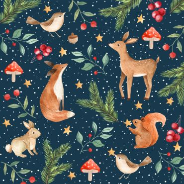 Serviettes de Noël bleu nuit avec animaux de la forêt, sapins, baies et étoiles dorées | jourdefete.com