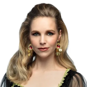 Boucles d’oreilles dorées avec pierres rouges style oriental | jourdefete.com