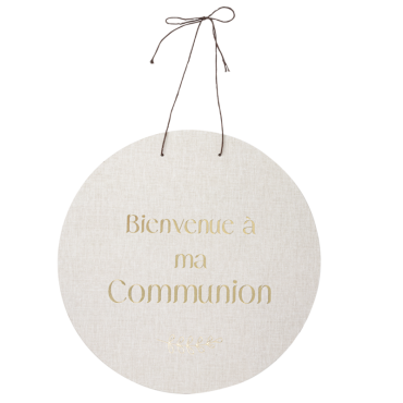 Panneau Bienvenue Communion effet lin et or 38cm | jourdefete.com