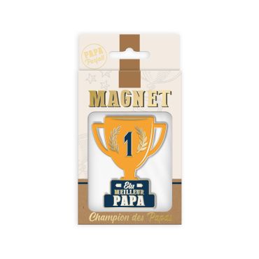 Magnet trophée "Élu Meilleur Papa" doré avec socle bleu marine | jourdefete.com