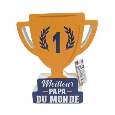 Trophée déco en bois "Meilleur Papa du Monde" à poser sur bureau ou étagère | jourdefete.com