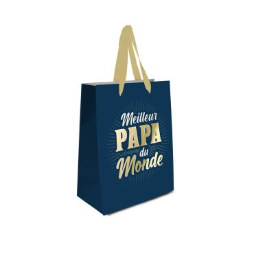 Sac cadeau bleu avec texte Meilleur Papa du Monde en doré et poignées ruban | jourdefete.com