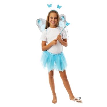 Fille déguisée en papillon bleu avec ailes, baguette magique et jupe tutu | jourdefete.com