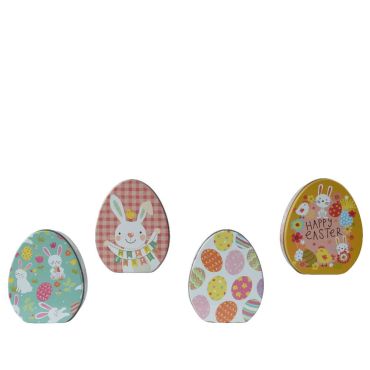 Boîte en métal en forme d’œuf avec motifs de lapins et d’œufs colorés pour Pâques | jourdefete.com