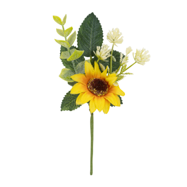 Branche de tournesol et feuillage jaune et vert 15 cm – décoration champêtre et festive | jourdefete.com